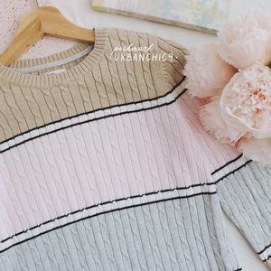 Crewneck Cable Knit Sweater Tan Pink Stripe size S
